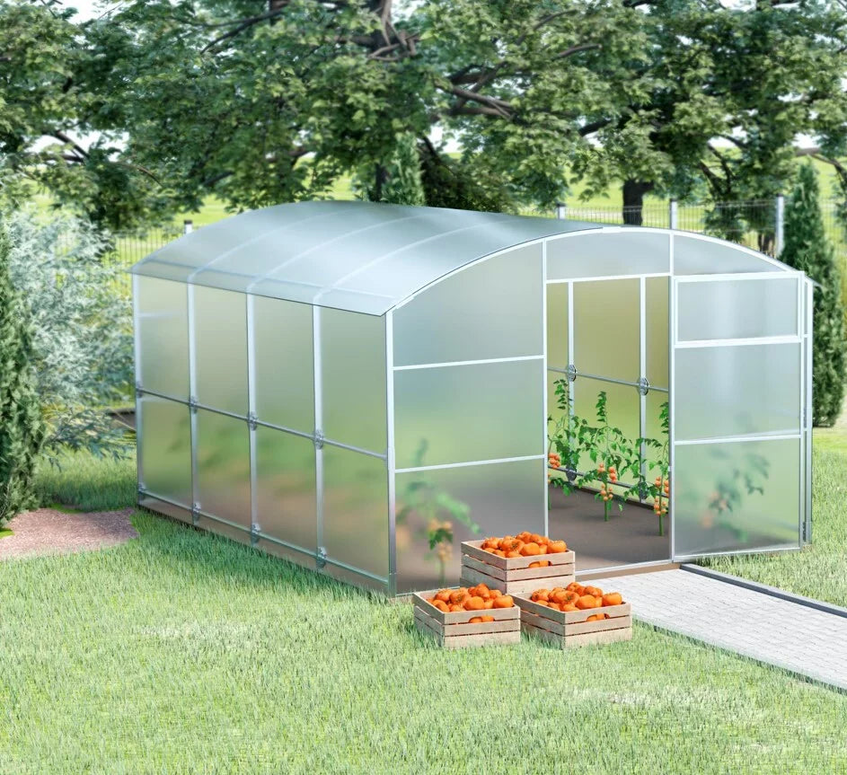 Heavy-duty greenhouse kit with galvanized steel frame and polycarbonate twin walls, designed to withstand harsh weather conditions.