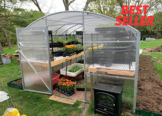 Heavy-duty greenhouse kit with galvanized steel frame and polycarbonate twin walls, designed to withstand harsh weather conditions.