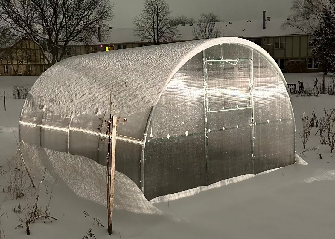 Heavy-duty greenhouse kit with galvanized steel frame and polycarbonate twin walls, designed to withstand harsh weather conditions.