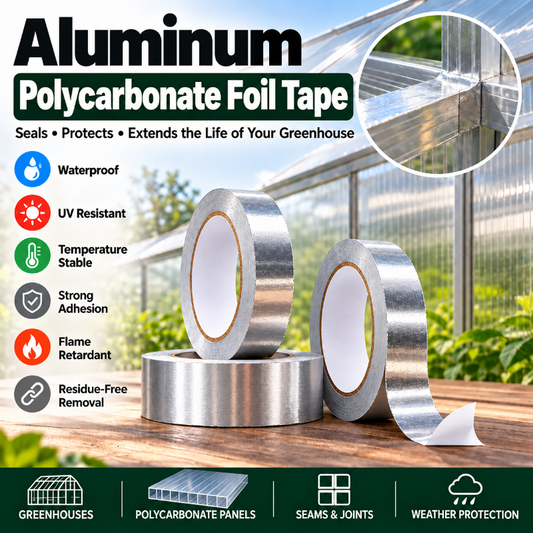 Aluminum polycarbonate foil tape rolls for sealing greenhouse panels, protecting edges and joints from moisture, UV exposure, and weather damage.