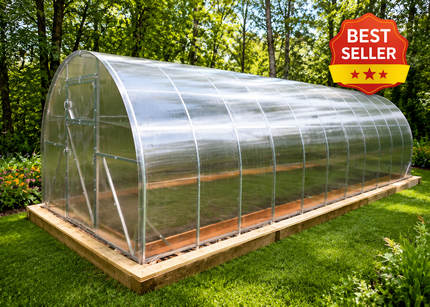 A long arched greenhouse with a transparent plastic cover and wooden frame, sitting on a raised wooden base in a grassy backyard with trees in the background. A red and yellow 'BEST SELLER' badge is in the top right corner.