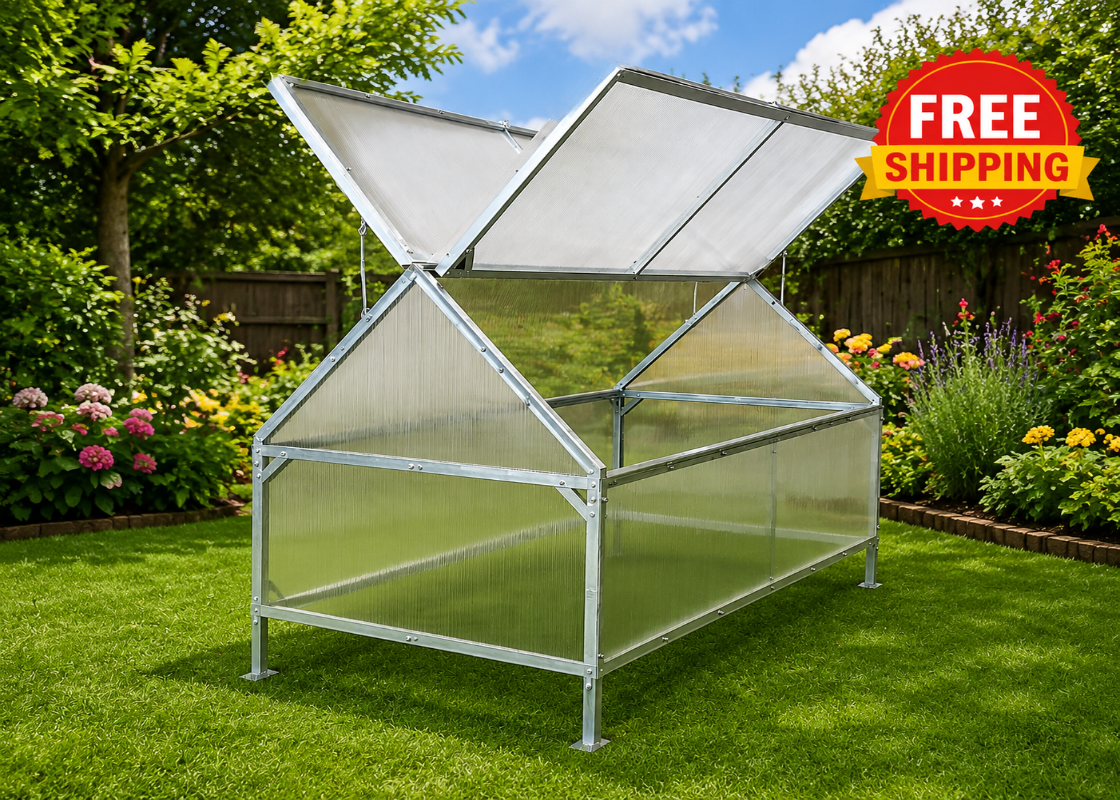 A small house-style greenhouse with a silver metal frame and translucent corrugated panels, shown open on a green lawn in a garden. A red 'FREE SHIPPING' badge appears in the top-right corner.