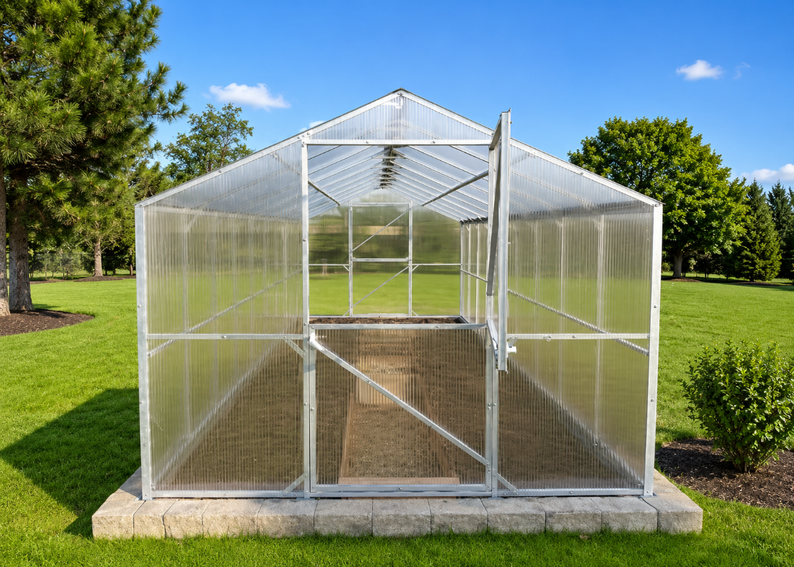 Daisy reinforced polycarbonate greenhouse with galvanized steel frame and open front door in a backyard garden
