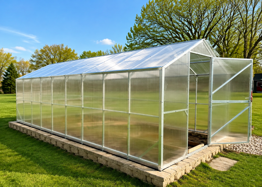 A long rectangular greenhouse with transparent corrugated panels and a silver metal frame, shown outdoors on a brick base in a grassy yard with trees and blue sky.