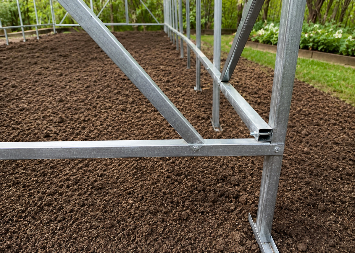 Lunaria reinforced greenhouse galvanized steel frame showing lower support brace and structural connection detail