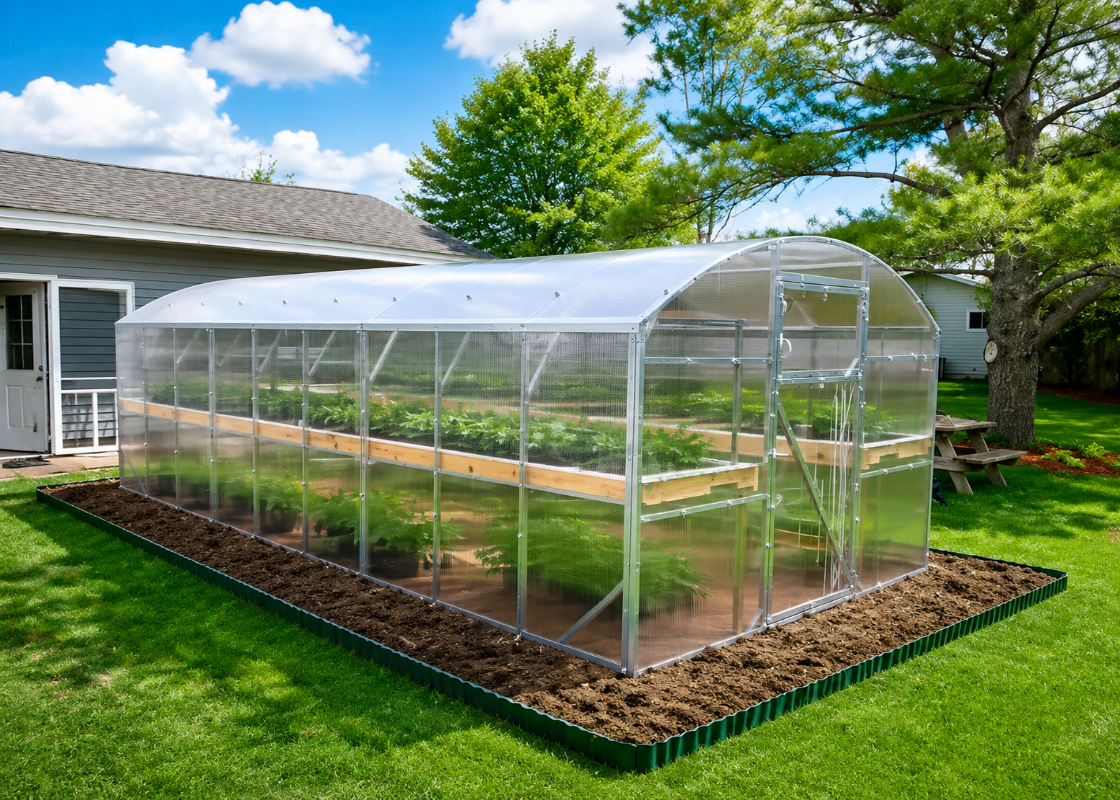 A clear plastic arched greenhouse with a silver metal frame, set up on a raised bed of soil in a green backyard next to a house and trees.