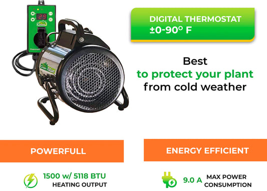 Heating device with digital thermostat for plant protection, featuring power and energy efficiency details.