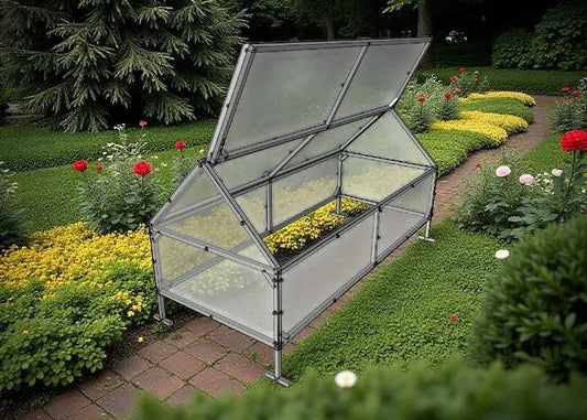 Crocus portable mini greenhouse for raised beds with reinforced frame and hinged roof panels