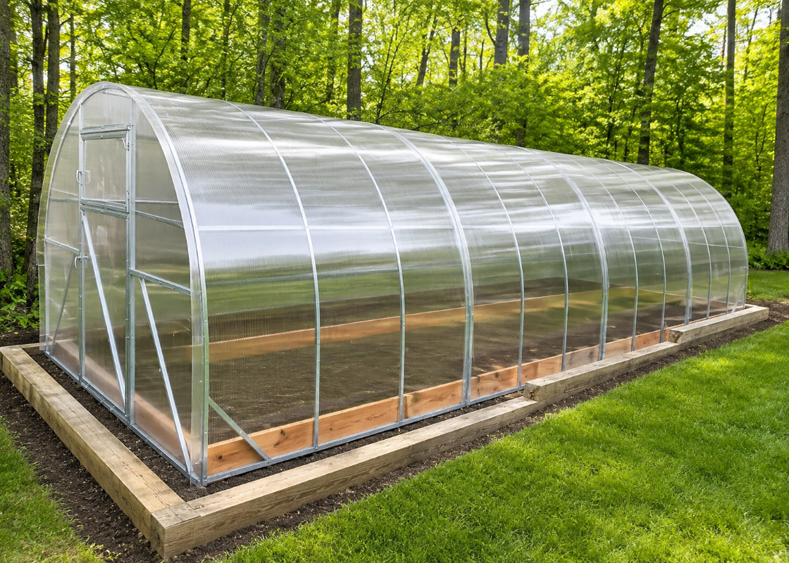 Long Camellia reinforced polycarbonate greenhouse with galvanized steel frame installed in a backyard garden