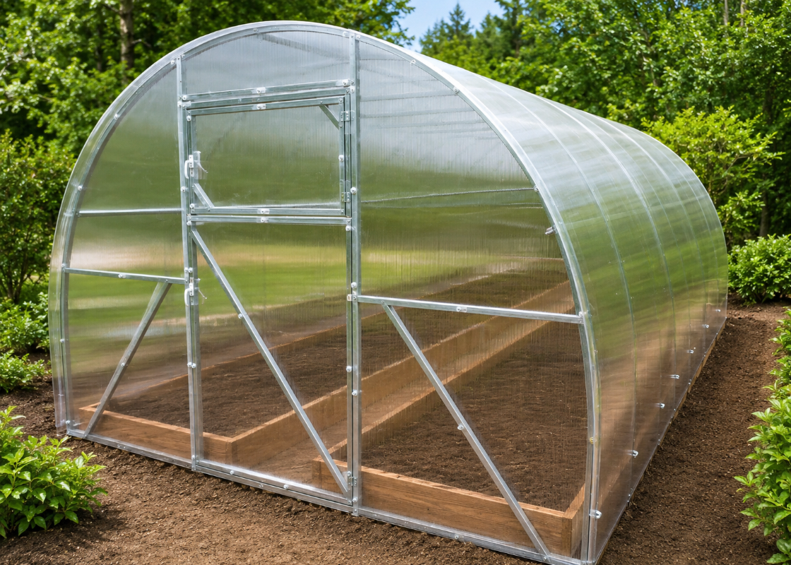 Camellia reinforced arched polycarbonate greenhouse with galvanized steel frame and raised