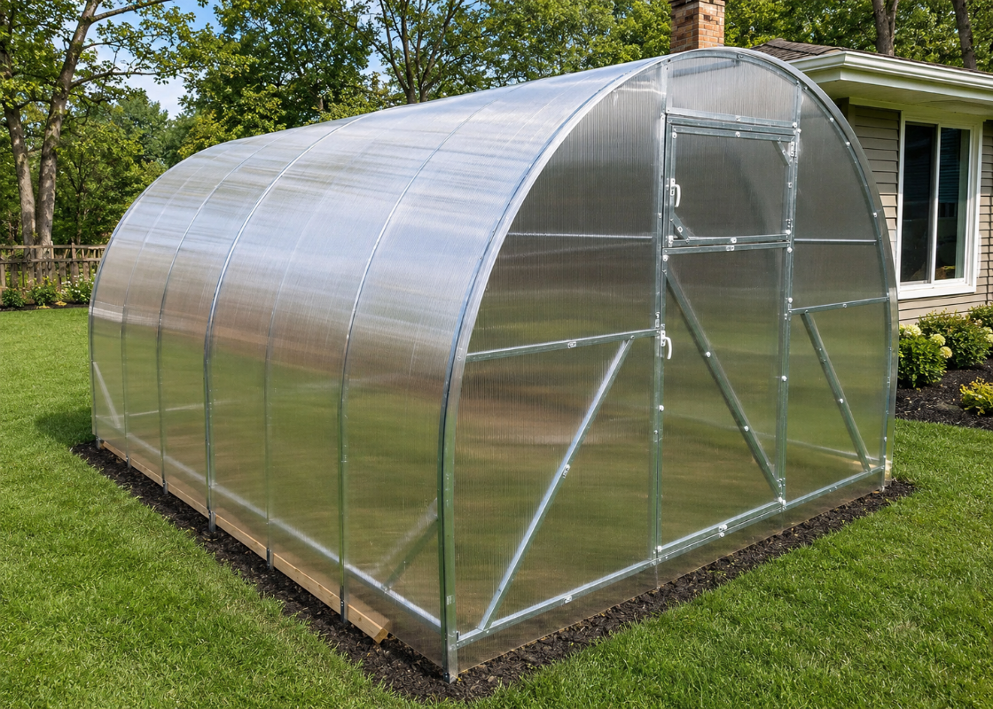 Camellia reinforced arched polycarbonate greenhouse with galvanized steel frame installed beside a home