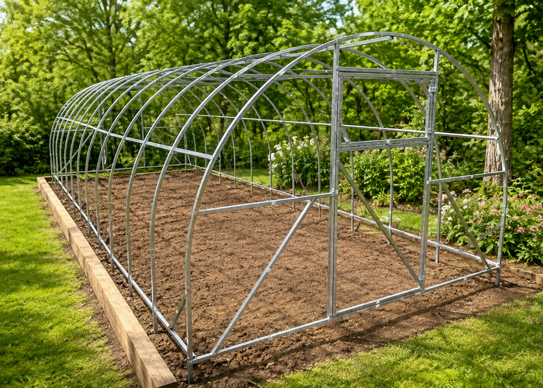 Camellia reinforced greenhouse galvanized steel frame installed on a backyard garden foundation