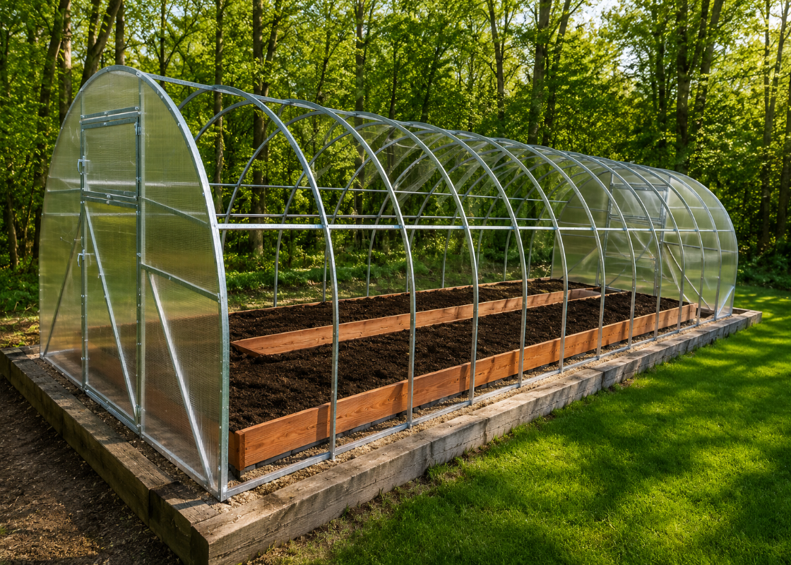 Large Camellia reinforced polycarbonate greenhouse with galvanized steel frame and raised garden beds
