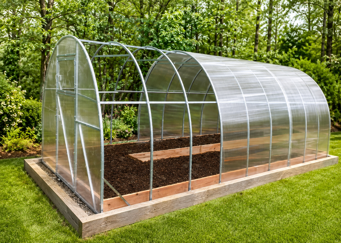 Camellia reinforced polycarbonate greenhouse with galvanized steel frame and raised garden beds in a backyard