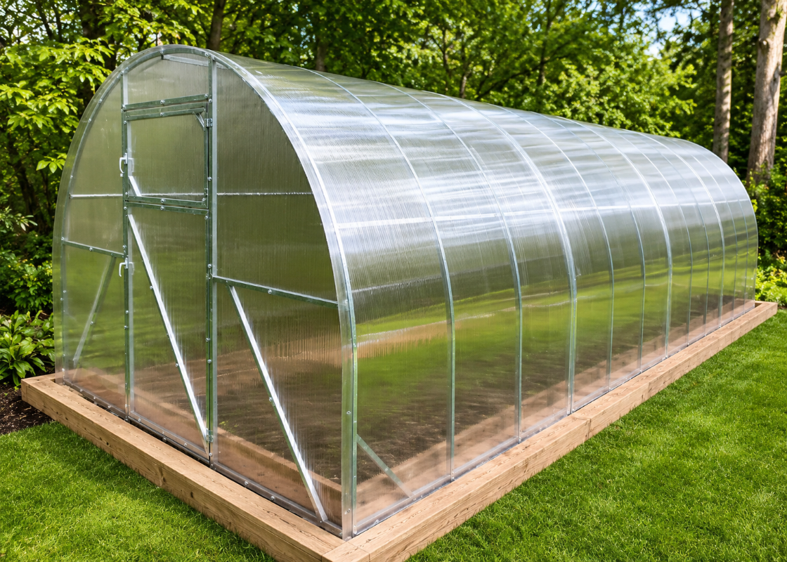 Camellia reinforced arched polycarbonate greenhouse with galvanized steel frame on a wooden foundation