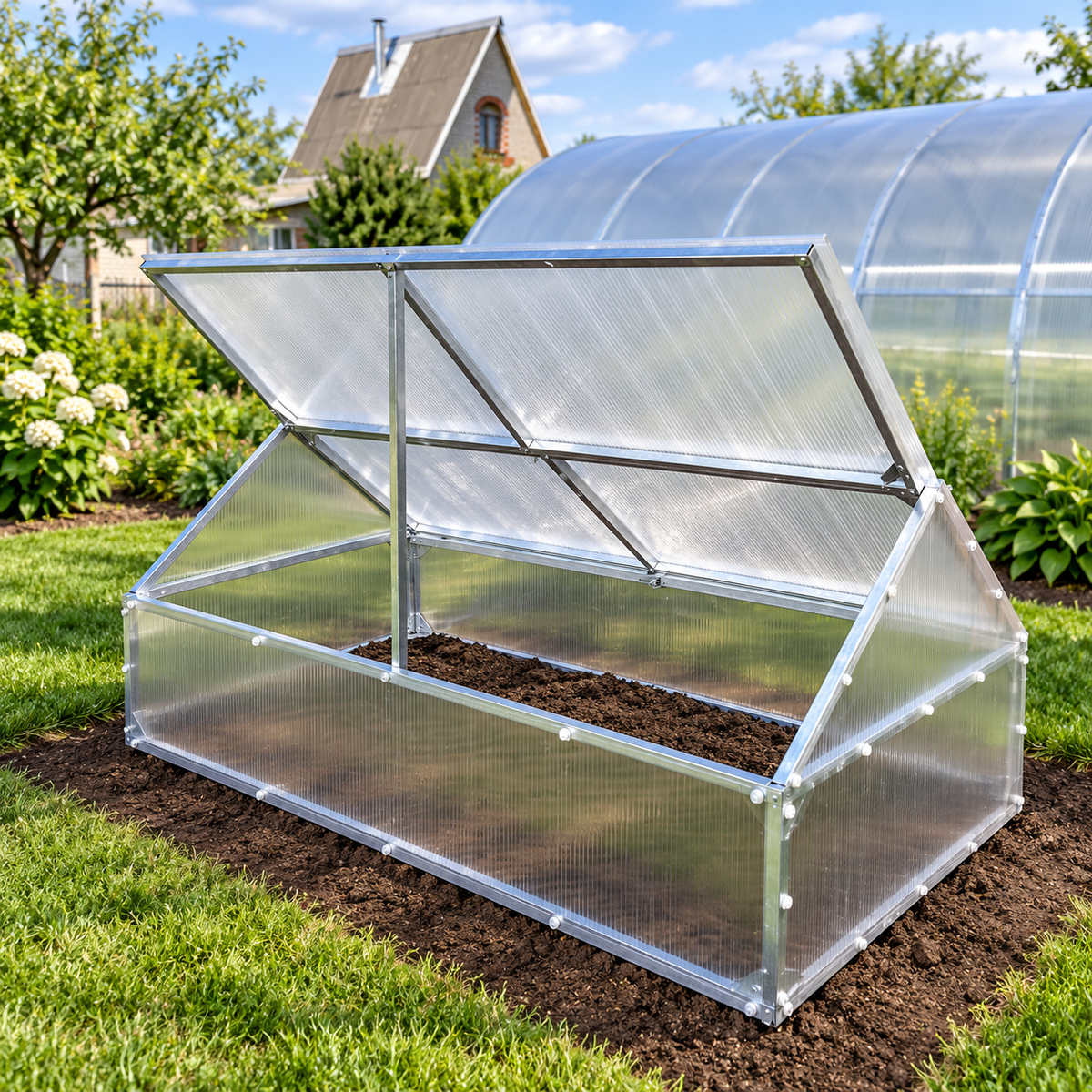 Crocus Mini polycarbonate greenhouse with open lid in a sunny garden