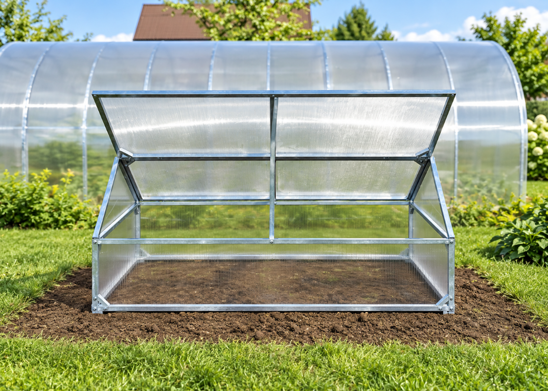 Crocus Mini polycarbonate greenhouse with open lid in an outdoor garden setting