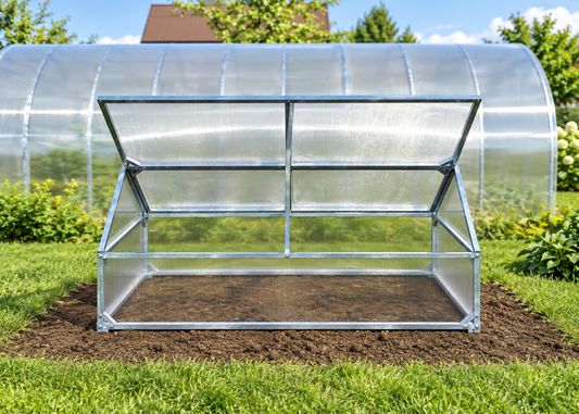 Crocus Mini polycarbonate greenhouse with open lid in an outdoor garden setting