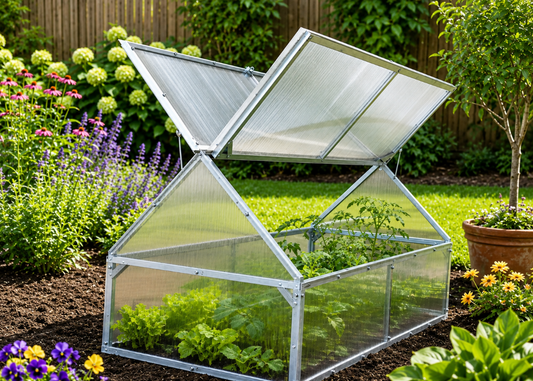 Crocus mini polycarbonate greenhouse for raised beds with galvanized steel frame and open roof panels in a backyard garden