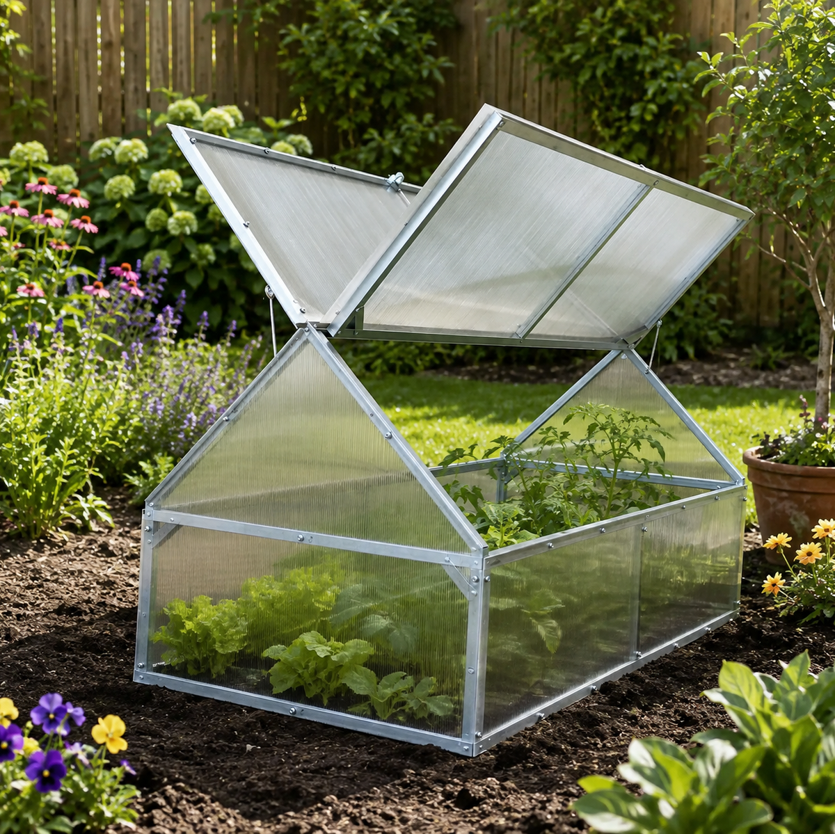 Crocus mini polycarbonate raised bed greenhouse with galvanized steel frame and open roof panels in a backyard garden