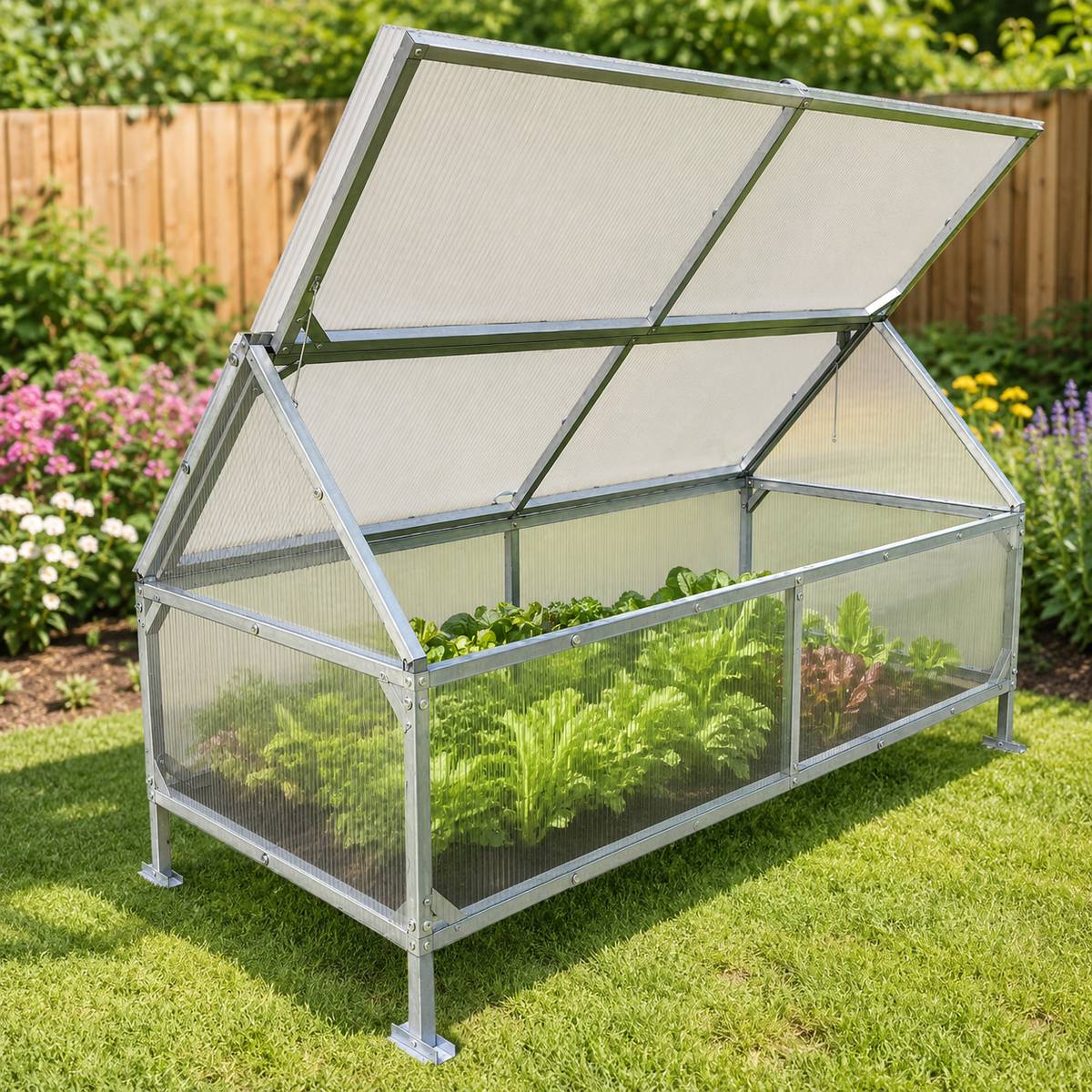 Crocus mini raised bed polycarbonate greenhouse with galvanized steel frame and open top in a backyard garden