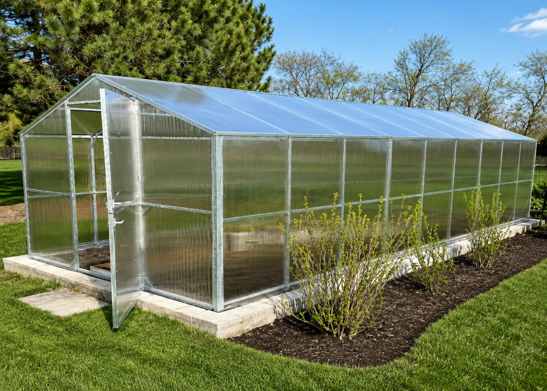 Large Daisy reinforced polycarbonate greenhouse with galvanized steel frame and open door in a backyard garden
