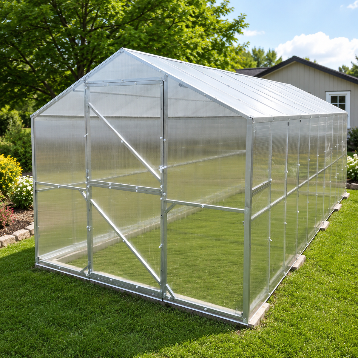 Daisy reinforced polycarbonate greenhouse with galvanized steel frame and gable roof in a backyard garden