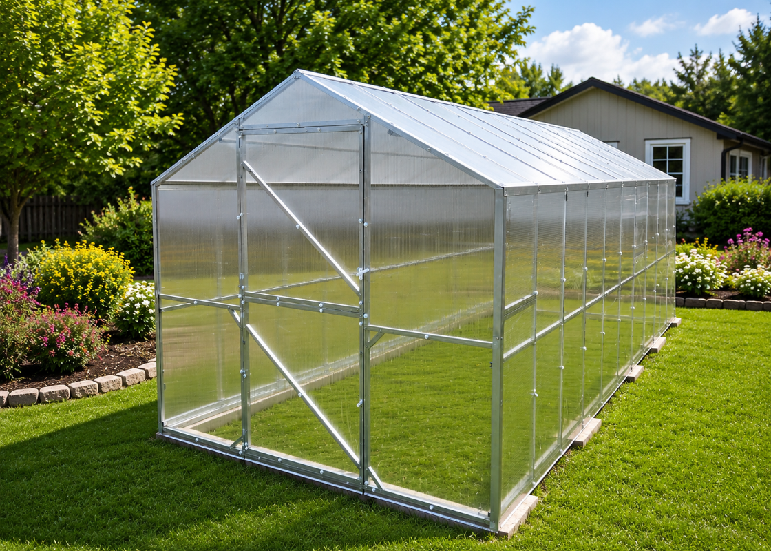 Daisy reinforced polycarbonate greenhouse with galvanized steel frame and gable roof in a landscaped backyard