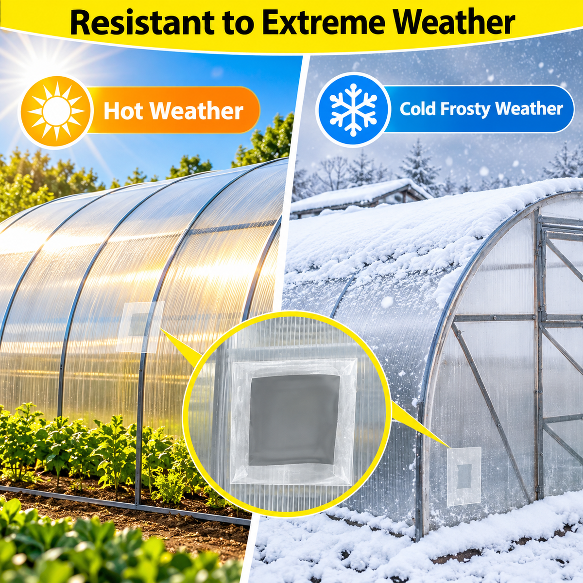 Polycarbonate greenhouse repair tape shown protecting greenhouse panels in hot summer and cold snowy winter weather, with a close-up of a sealed repair patch.