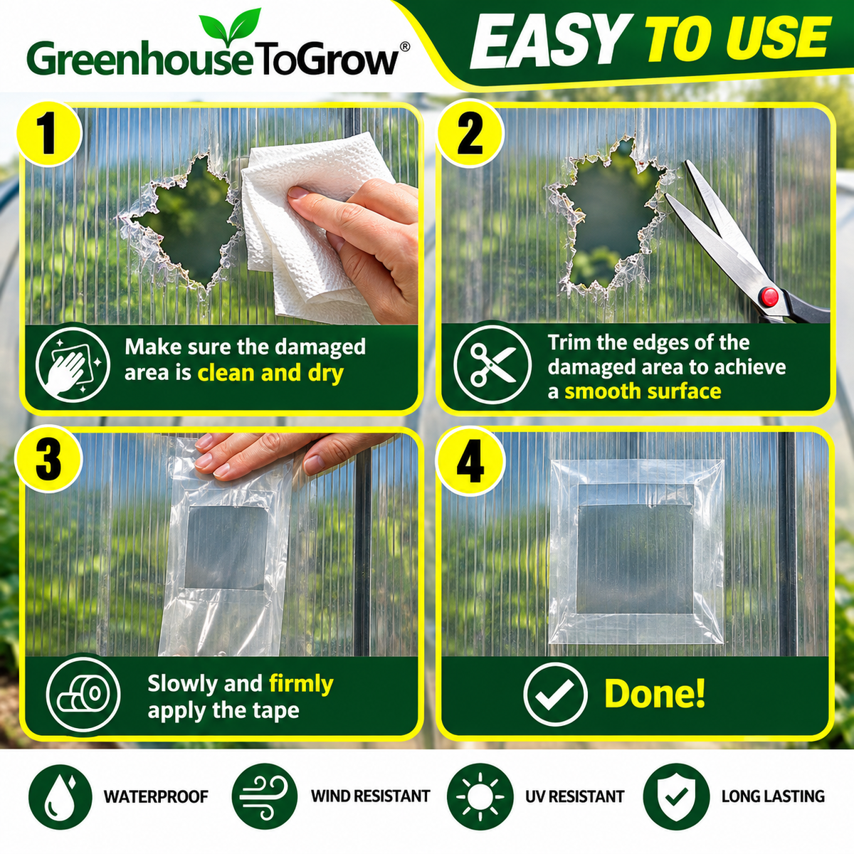 GreenhouseToGrow waterproof repair tape applications for greenhouses, tarps, camping tents, awnings, and canopy tents. Multi-purpose transparent tape for outdoor repairs.