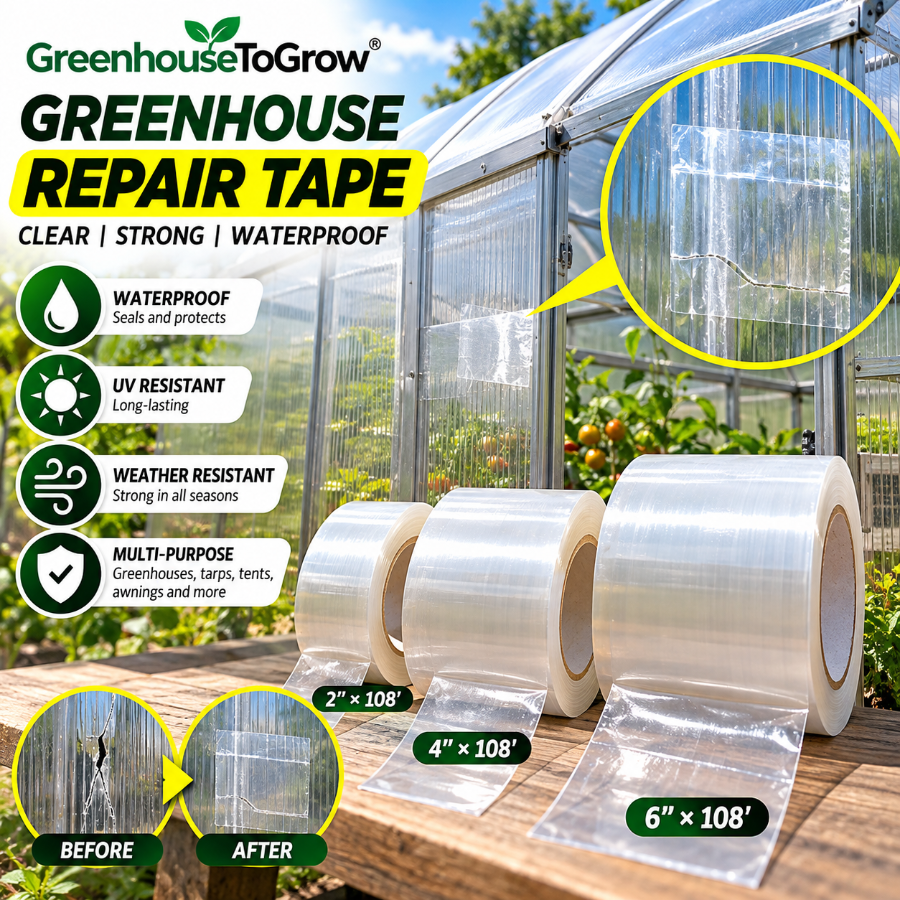 GreenhouseToGrow clear waterproof greenhouse repair tape in 2-inch, 4-inch, and 6-inch widths, showing before-and-after repairs on damaged polycarbonate greenhouse panels.