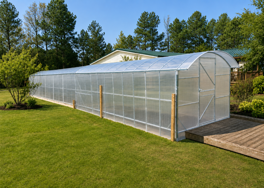 Large Camellia reinforced greenhouse with clear twin-wall polycarbonate panels and galvanized steel frame