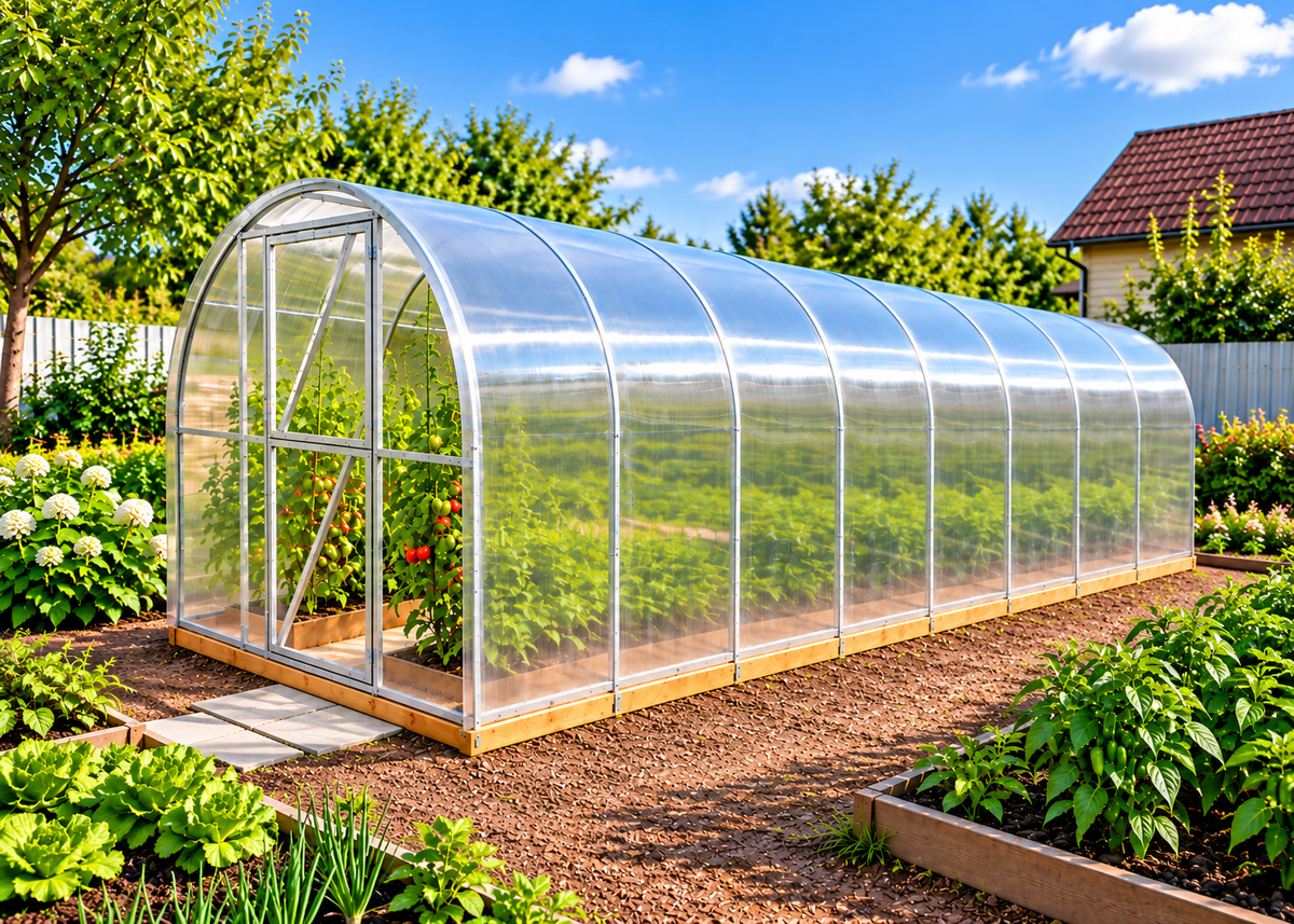 Lunaria 6.5' x 26' walk-in polycarbonate greenhouse with galvanized steel frame, arched roof, and spacious growing area for small backyards and urban gardens.