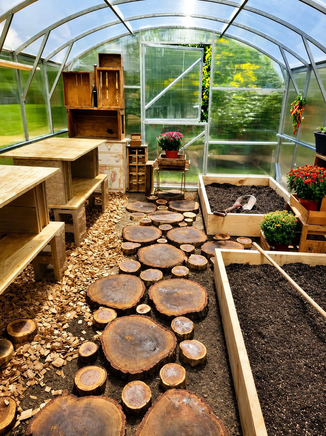 Magnolia reinforced polycarbonate greenhouse interior with raised garden beds, wooden shelving, and natural wood stepping path
