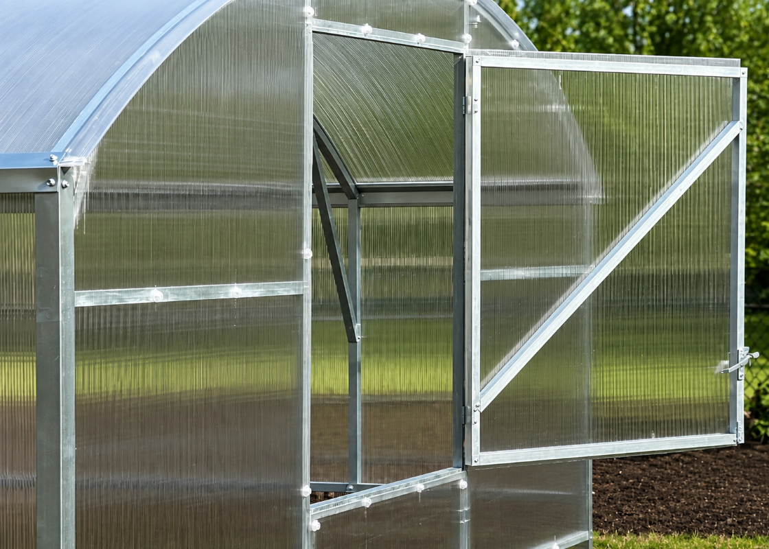 Magnolia reinforced polycarbonate greenhouse with galvanized steel frame and open Dutch door detail