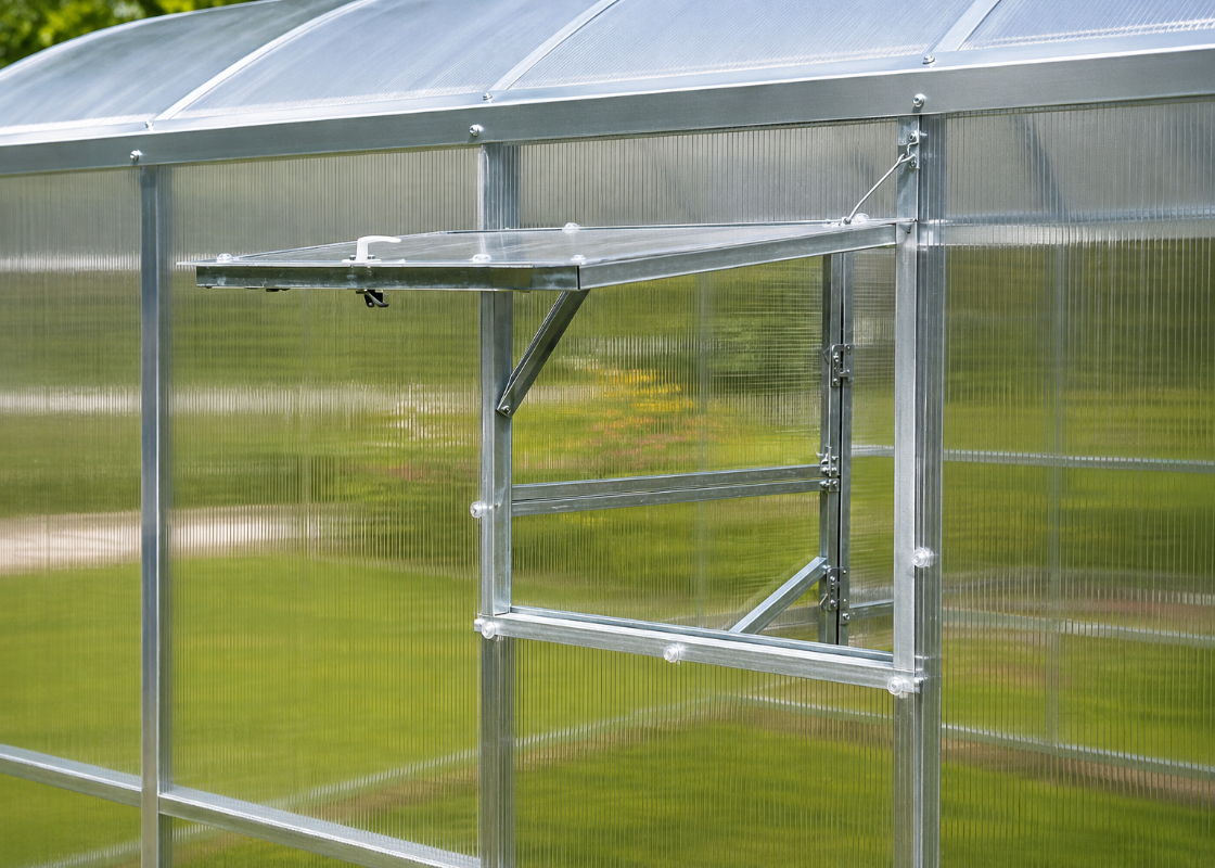 Magnolia reinforced polycarbonate greenhouse with open side ventilation window and galvanized steel frame