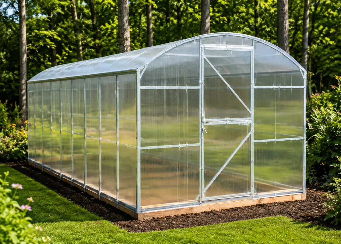Magnolia Reinforced polycarbonate greenhouse with galvanized steel frame and Dutch-style door in a landscaped backyard.