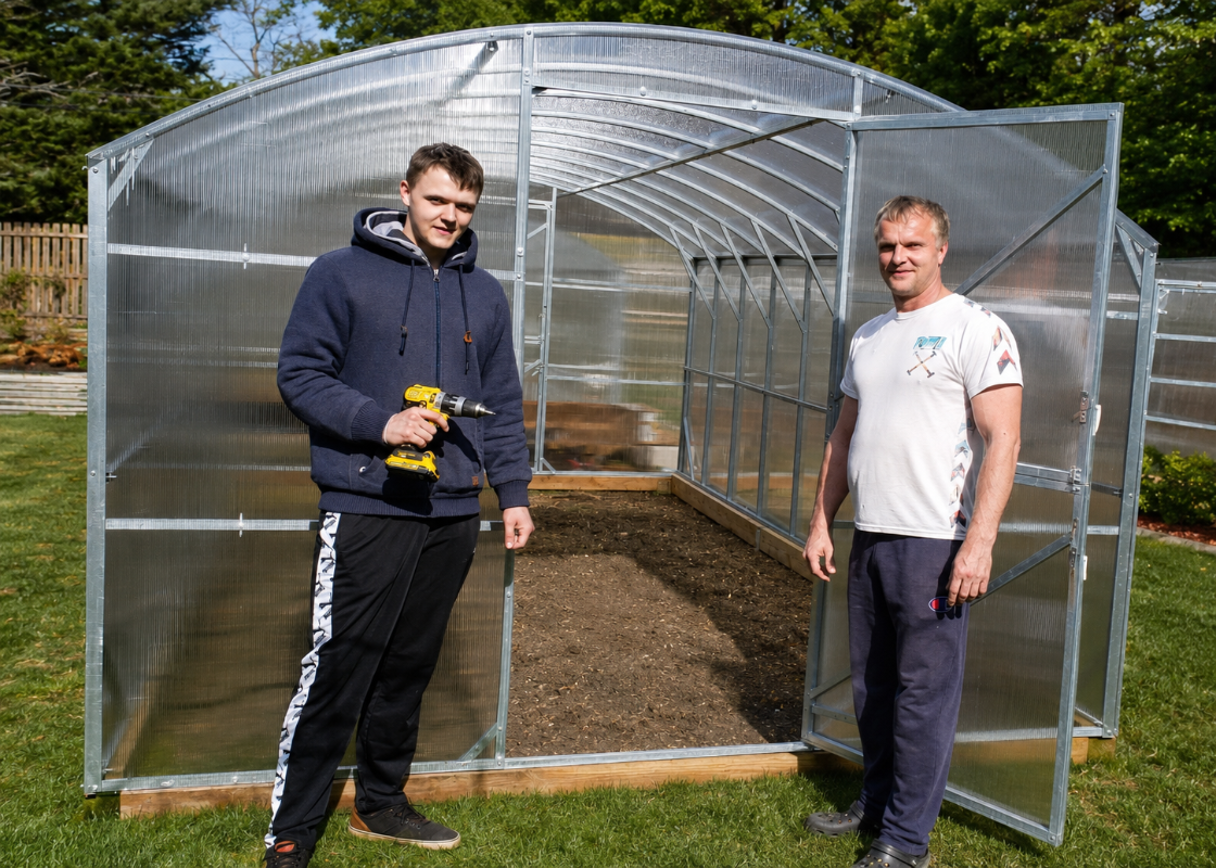 Magnolia reinforced polycarbonate greenhouse with galvanized steel frame and two people completing backyard installation