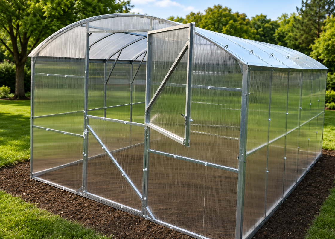 Magnolia Reinforced polycarbonate greenhouse with galvanized steel frame and open Dutch door in a backyard garden.