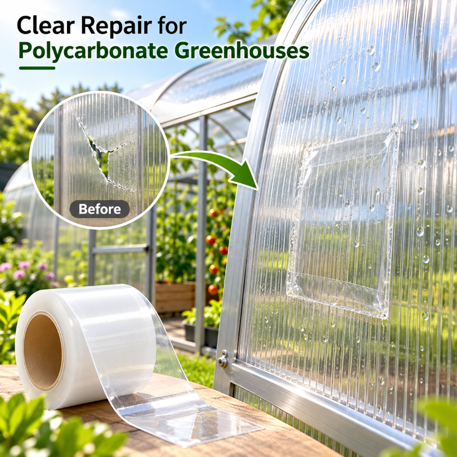 Clear repair tape patch sealing a cracked polycarbonate panel on a greenhouse, showing a transparent waterproof repair for greenhouse panels.