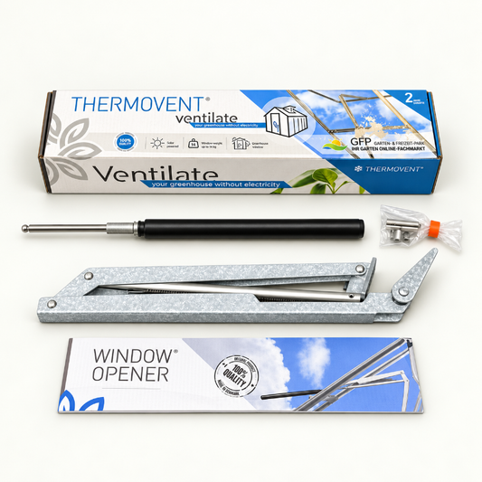 Complete Thermovent automatic greenhouse window opener kit with mounting hardware and installation instructions.